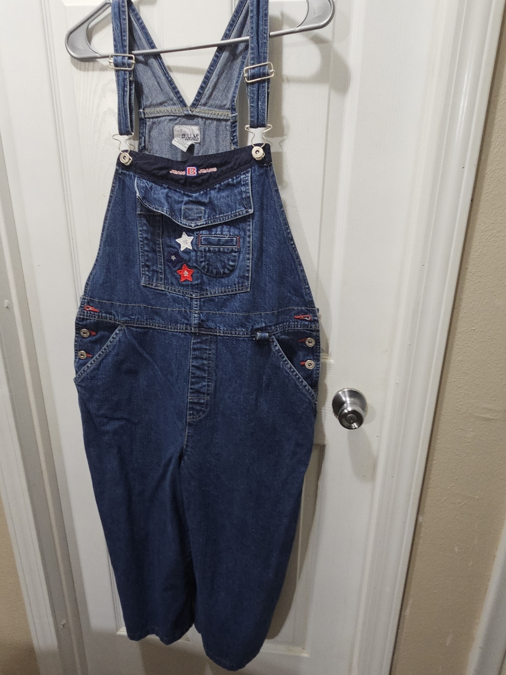 B.U.M.Equipment Denim Star Embtoiderrd Overalls in Dark Blue Capri Length Vtge